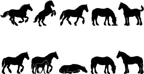 Fototapeta premium Draft horse silhouette collection set showing heavy horses running rearing and grazing