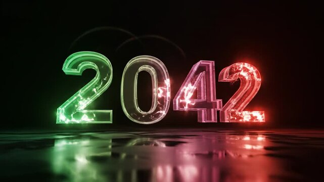 Abstract 3D glass numbers showing the year 2024 with colorful light reflections on a dark background.