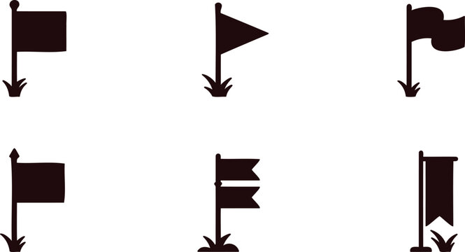 Collection of six diverse dark silhouette flags planted in grass isolated on a white background