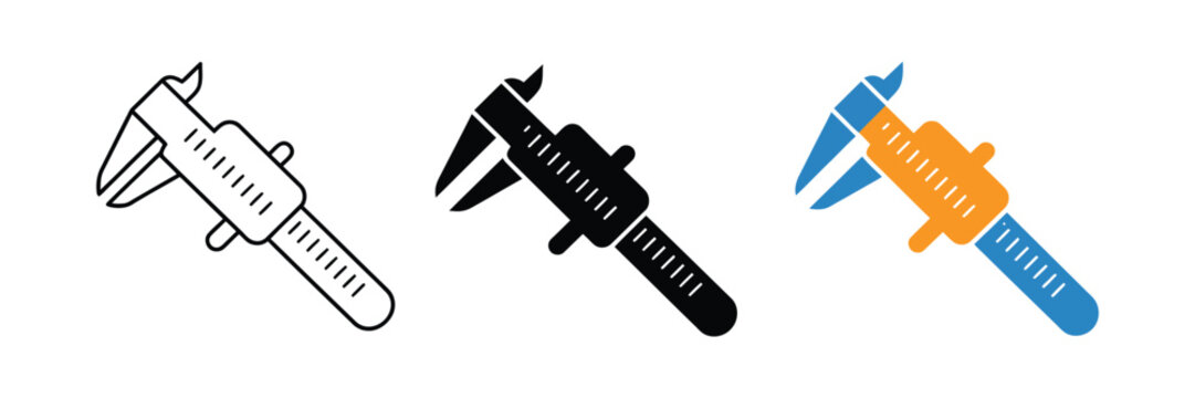 Vernier caliper icons representing precision measurement tools for engineering, metalworking, and technical drafting in outline, glyph, and colorful vector formats, featuring accurate dimension 