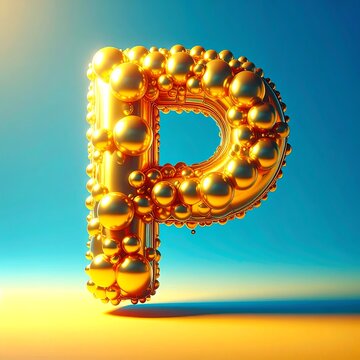 Glossy Golden Letter P Covered with Metallic Bubbles on Blue and Yellow Gradient Background