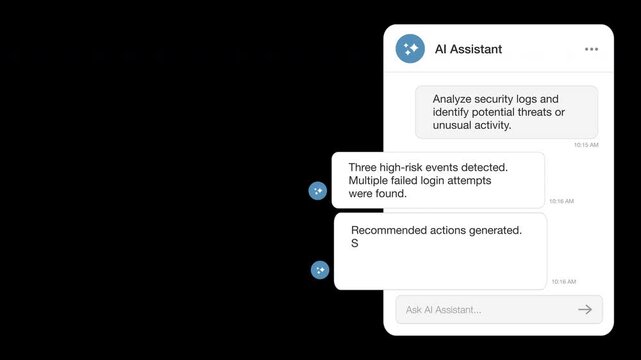 AI security assistant chat overlay with alpha channel and transparent background. Ai Cybersecurity analysis, threat detection, security recommendations and copy space for text.