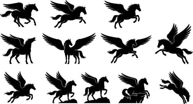 Group of pegasus winged horse silhouettes galloping and flying in various poses