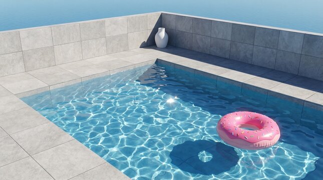 Modern rooftop swimming pool with a pink donut float under a clear blue sky during summer vacation.