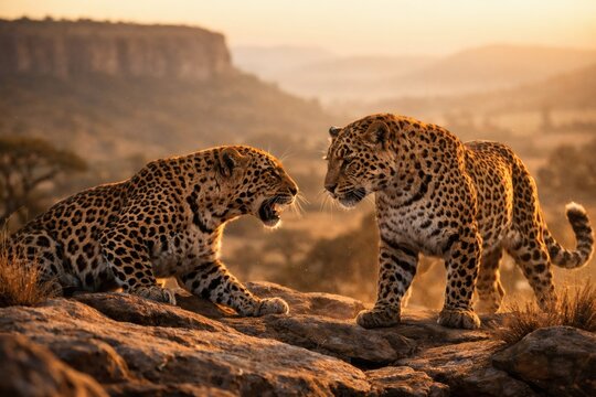 High quality wildlife photo of two leopards confronting each other on rocks at sunset. This majestic image is suitable for nature magazines, animal websites, and education slides.