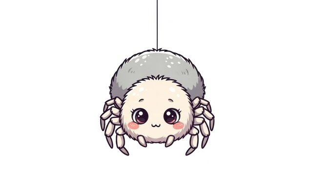 A cute cartoon spider with a round body and legs hangs from a thread