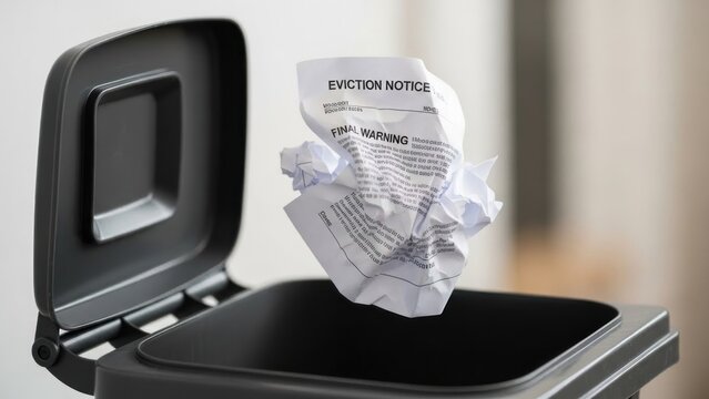 A black trash can with its lid open, containing crumpled eviction notice papers