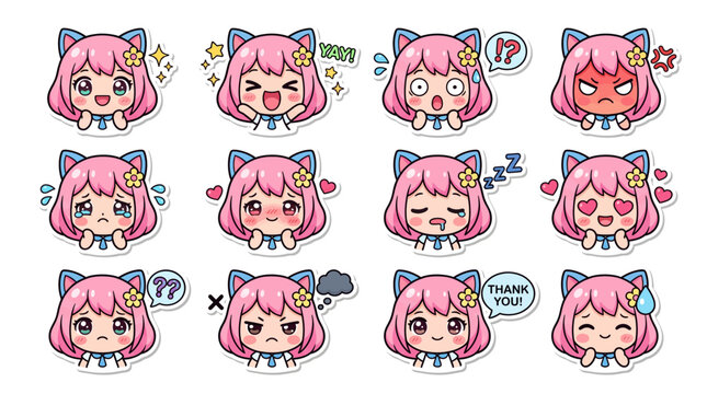 Anime Manga Style Character Expression Emotion Sticker Vector Set with Chibi Face Happy Angry Blushing Cat Ear and Bold Outline Design