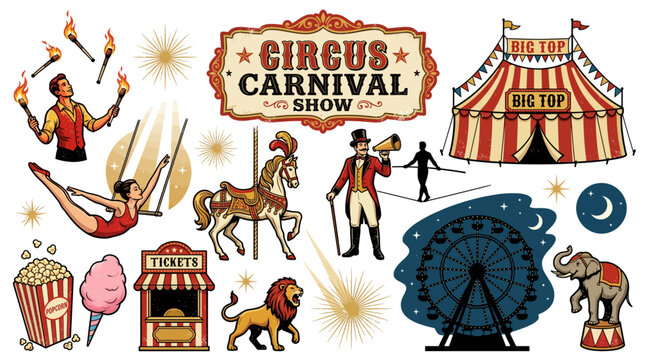 Vintage Circus Carnival Fairground Poster Vector Set with Big Top Ringmaster Acrobat Carousel Ferris Wheel and Retro Show Design