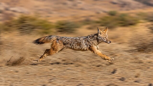 High quality fast motion shot of a wild coyote running through the dry desert plain. This sharp wildlife photo is ideal for animal encyclopedias, nature banners, and educational slides.