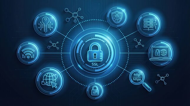 Cyber security and SSL encryption concept with digital padlock and network icons on blue background.