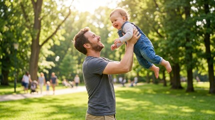 Fototapeta premium Father and baby in park playing and having fun