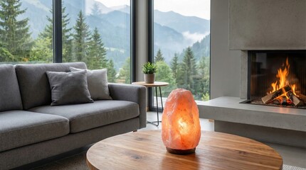 Naklejka premium Cozy modern living room interior with a glowing salt lamp and fireplace overlooking a misty mountain forest.