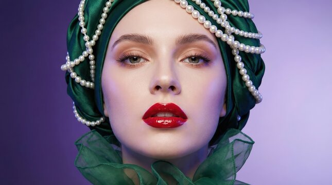 Close up portrait of a beautiful young woman wearing a green silk turban with pearl jewelry and red lipstick.