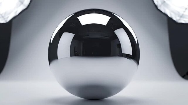 Highly polished chrome sphere reflecting studio lights and surroundings in a minimalist setting