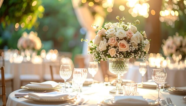 Elegant Floral Centerpiece Arranged on Decorated Reception Table at Outdoor Evening Event