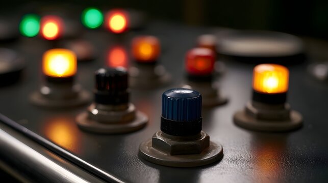 A close up view of mechanical controls and dials illuminated by dramatic colored lights against a dark industrial background