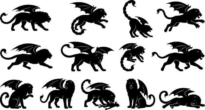 Set of manticore mythological creature silhouettes walking and posing on transparent background