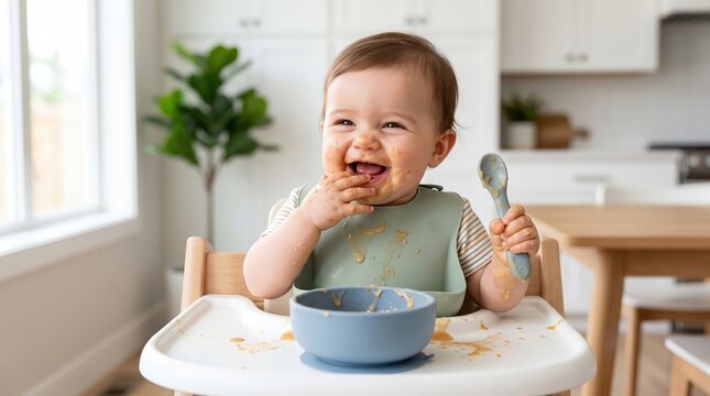 Happy baby enjoying a messy mealtime with a spoon and bowl