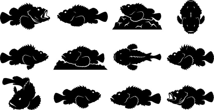 Set of stonefish silhouettes illustrating the camouflaged reef fish in multiple static poses