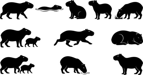 Fototapeta premium Social set of capybara silhouettes walking and resting in wetland habitat landscape scenes