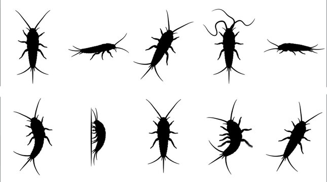 Silverfish pest silhouette collection showing different movement angles for nature design bundle set