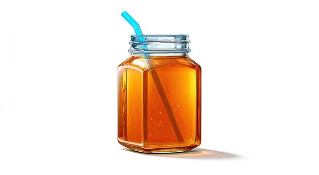 Square glass jar filled with amber liquid, straw
