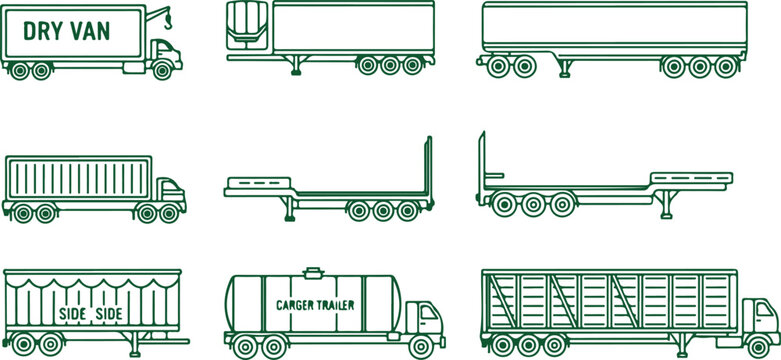 Collection of various commercial truck trailers and semi trucks for cargo transport.