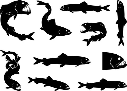 Vampire fish payara silhouette set collection featuring various predatory and swimming poses