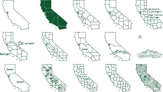 California state map variations with regions and city labels in outline green.