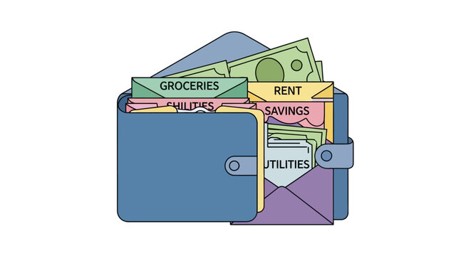 Wallet with labeled envelopes for expenses: groceries, rent, savings, utilities, children