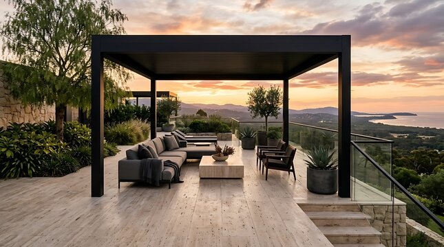 Modern luxury terrace with pergola and stunning sunset view over valley
