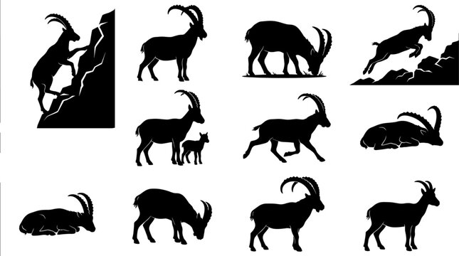 Alpine ibex mountain goat silhouettes set showing climbing and jumping actions variety collection bundle
