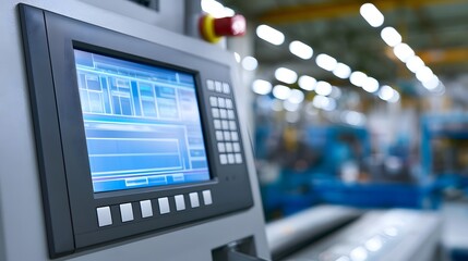 Fototapeta premium A close up view of an illuminated industrial hinery control panel in a bright factory environment