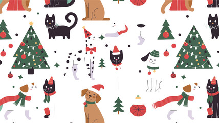 Naklejka premium Christmas cats and dogs seamless pattern vector for holiday gift wrapping