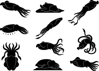 Obraz premium Cuttlefish silhouette pack depicting various swimming and hunting poses of marine mollusks for aquatic design