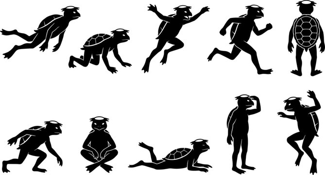 Kappa folklore bundle depicting turtle-like humanoid silhouettes in various active poses