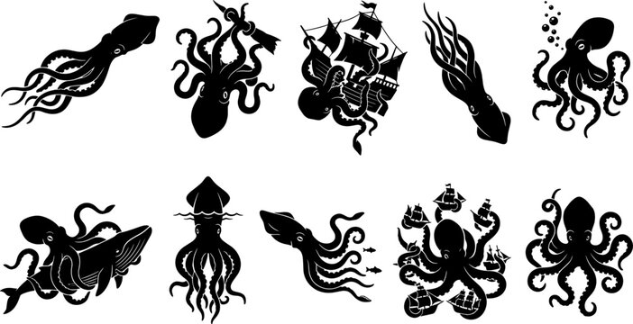 Kraken and giant squid silhouette set depicting sea monsters attacking sailing ships in the ocean