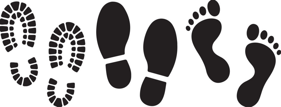 Black footprints and shoe prints on white background