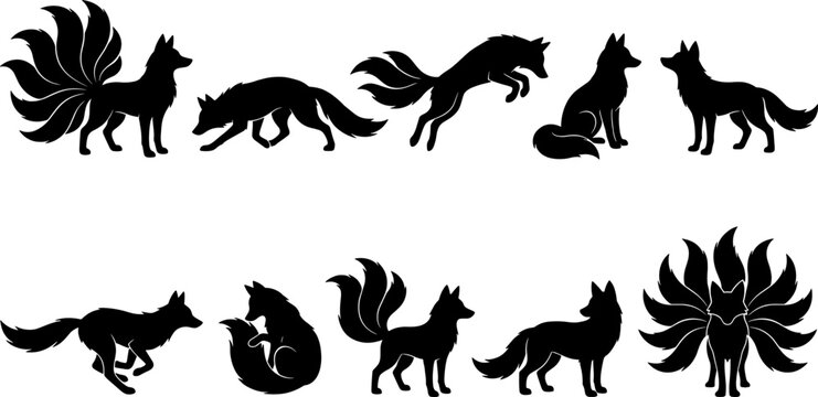 Nine-tailed fox kitusne bundle featuring mythical kitsune silhouettes in various magic poses