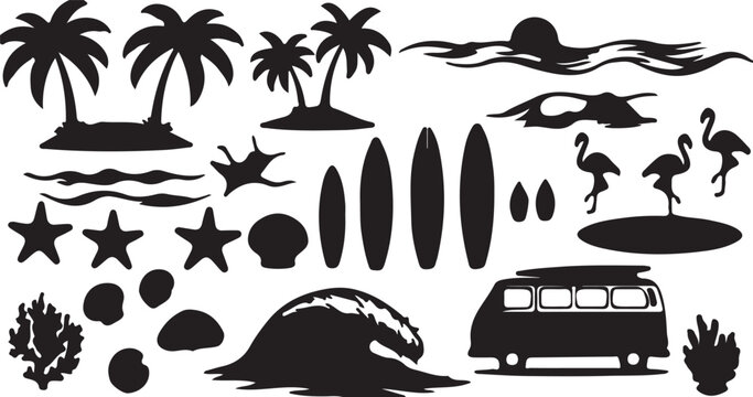 Black silhouettes of beach and surfing icons