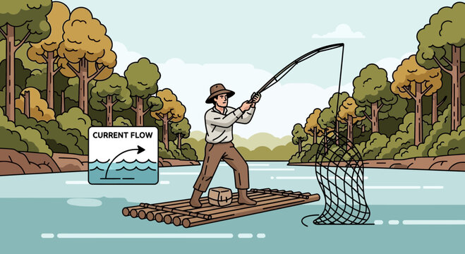Man Fishing Using Traditional Raft Technique in River