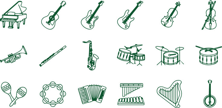 Assortment of musical instruments and sound equipment vector graphics pack.