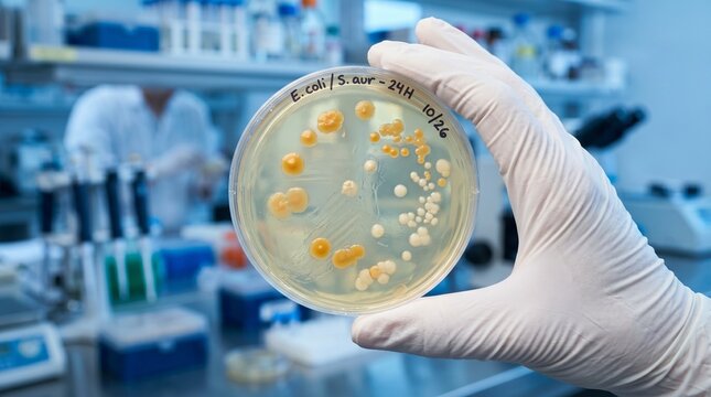 Scientist in lab coat and gloves holds petri dish with bacterial colonies E coli S aur 24H 10 26 in a research laboratory setting with equipment