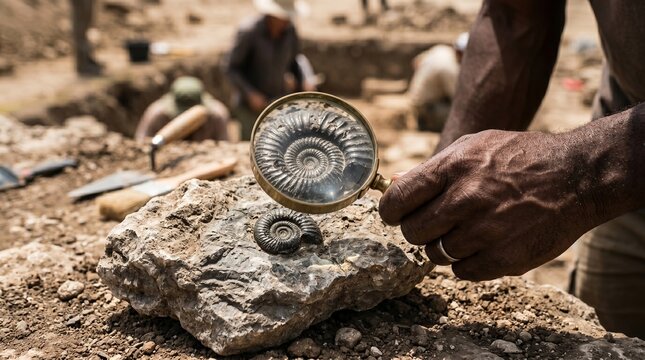 Archaeologist examines ancient ammonite fossils unearthed at a dig site with magnifying glass and tools in background