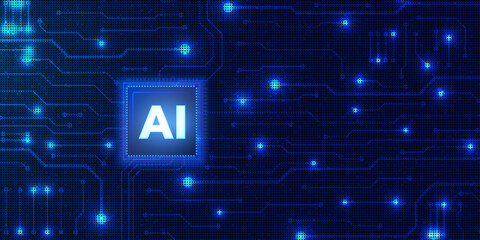 Artificial intelligence ai glowing chip on dark blue circuit board background. © Nahin
