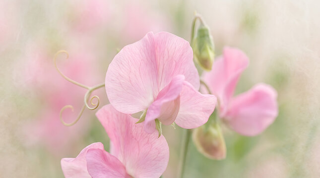 Macro photography of delicate pink sweet pea blossoms in soft pastel tones, featuring a light airy background with gentle lathyrus odoratus floral details for romantic botanical decoration.