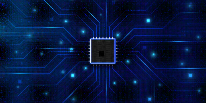 Blank computer chip on dark blue circuit board with glowing lines and dots.