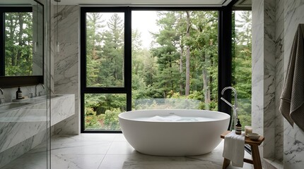 Fototapeta premium Modern freestanding bathtub in bright bathroom with large windows overlooking lush green forest