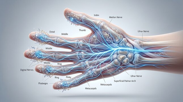 Detailed anatomical illustration of the human hand's nervous system showing median and ulnar nerves and digital nerves